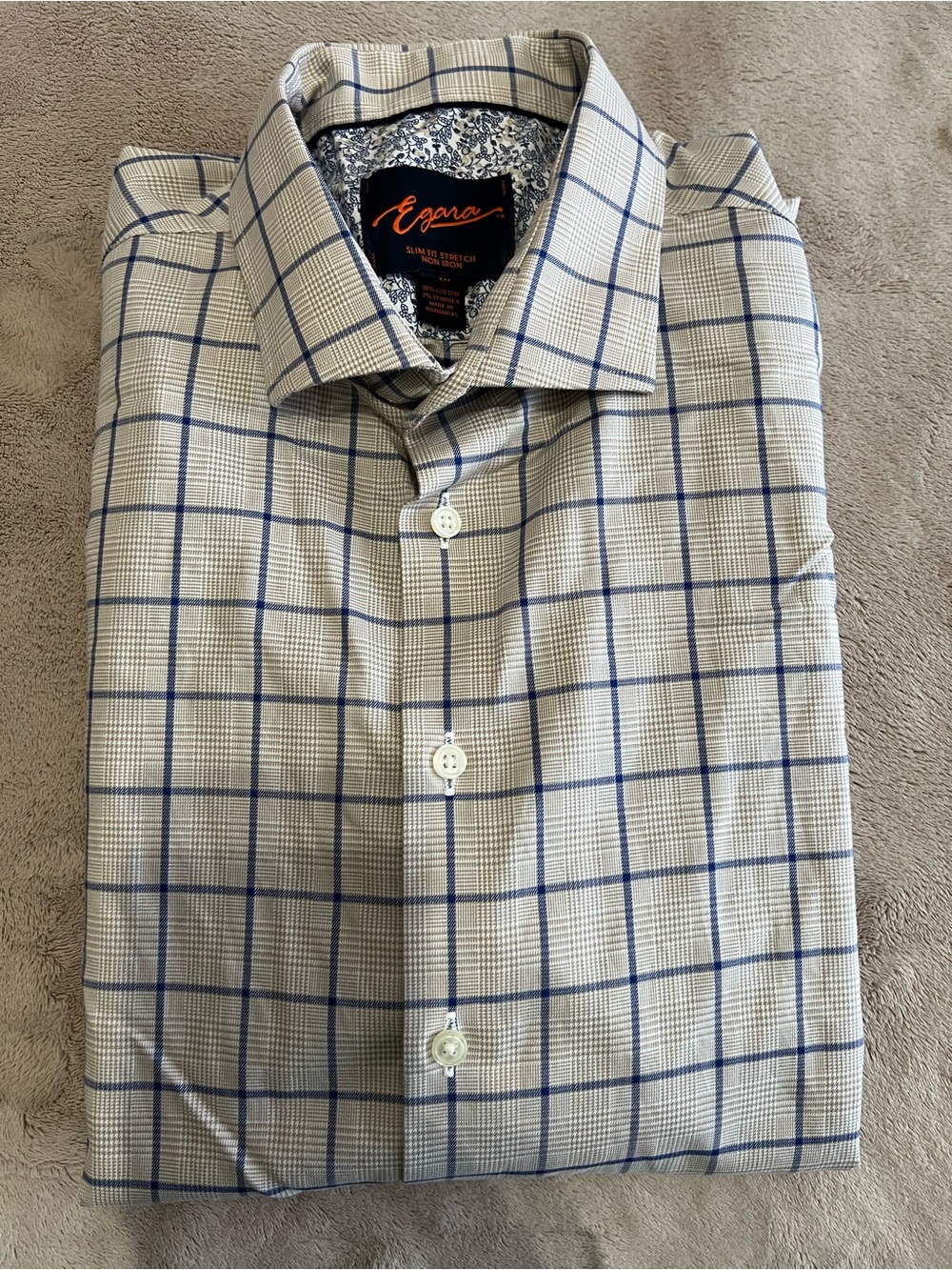 Egara Slim Fit Beige Dress Shirt with Blue Windowpane